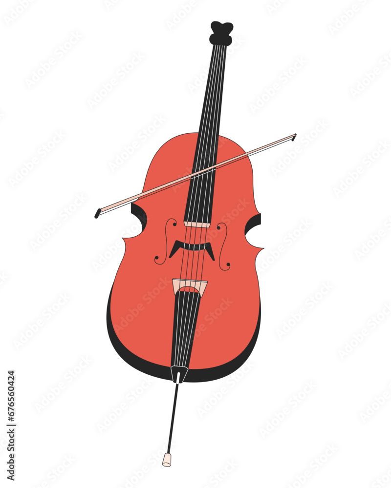 Poster cello string instrument 2d linear cartoon object. orchestra violoncello isolated line vector element