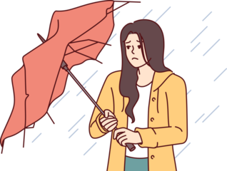 Wet woman stands with broken umbrella in heavy rain, and is sad because of cold and strong wind