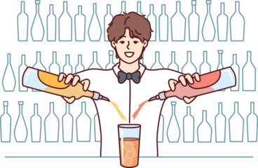 Smiling bartender makes cocktail by pouring drinks from two bottles in glass standing at bar counter