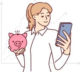 Woman accountant with piggy bank and phone is standing near financial chart calling to investing