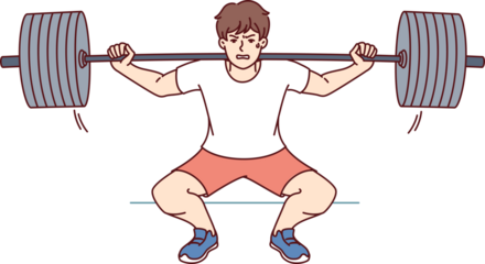 Man squats with barbell on shoulders, doing weightlifting in gym and trying to set new sports record