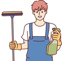 Happy man window cleaner holds spray bottle with detergent and mop for cleaning glass