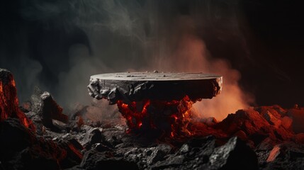 Fire lava podium rock volcano background product magma display 3d scene stone floor. Platform lava podium mountain fire smoke stage hot outdoor ground geometric isolated blast abstract texture meteor