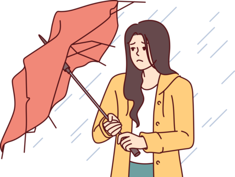 Wet woman stands with broken umbrella in heavy rain, and is sad because of cold and strong wind