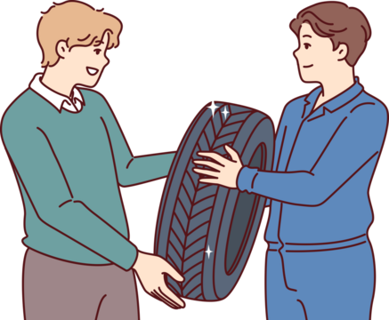 Man buys new tires for car wheel and consults mechanic, who help make right choice
