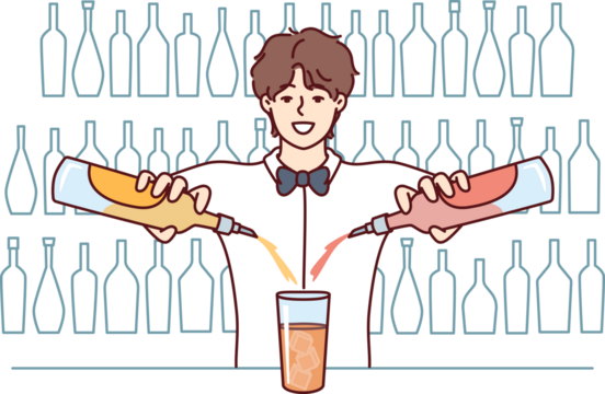 Smiling bartender makes cocktail by pouring drinks from two bottles in glass standing at bar counter