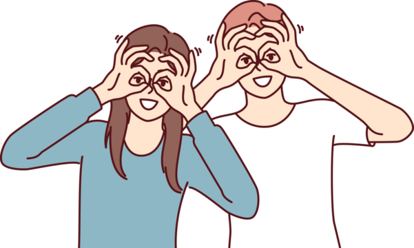 Funny man and woman make binoculars from fingers and look at screen smiling to cheer friends.