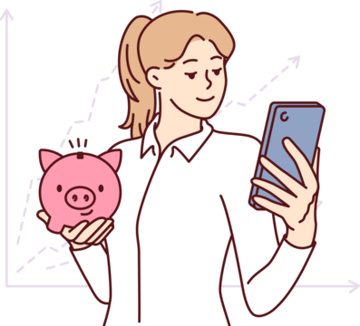 Woman accountant with piggy bank and phone is standing near financial chart calling to investing