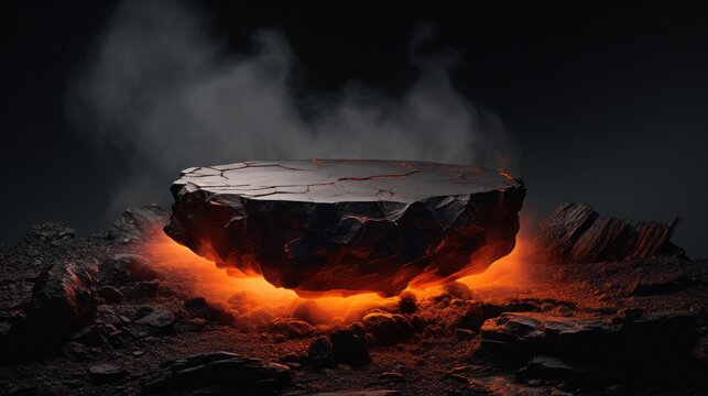 Fire lava podium rock volcano background product magma display 3d scene stone floor. Platform lava podium mountain fire smoke stage hot outdoor ground geometric isolated blast abstract texture meteor