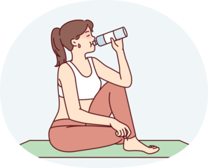 Tired woman sitting on yoga mat and drinking water in time for break between exercises. Vector image