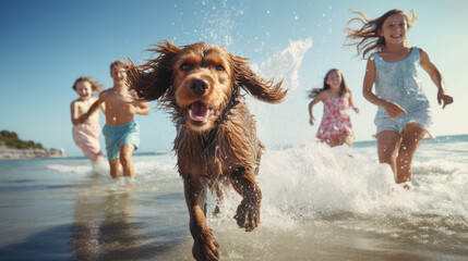  Happy children with dog on the beach. Camping and travel concept
