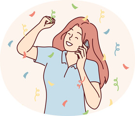 Happy woman talking on phone and victory gesture accept congratulations on birthdays. Vector image