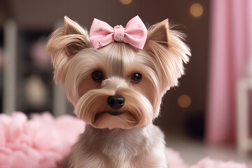 Purebred dog with a bow. Cute dog. Domestic dog.