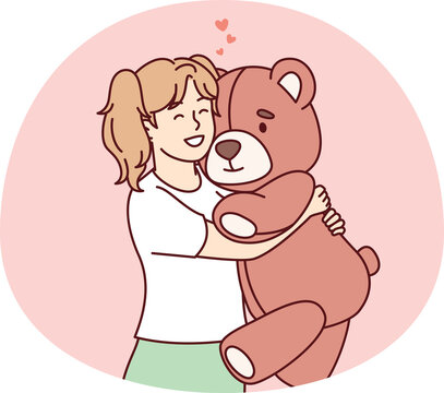 Little girl hugs big favorite soft toy and smiles feeling affection of plush bear. Vector image