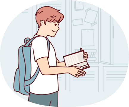 Teenager guy with book and backpack behind back stands near lockers in college room. Vector image