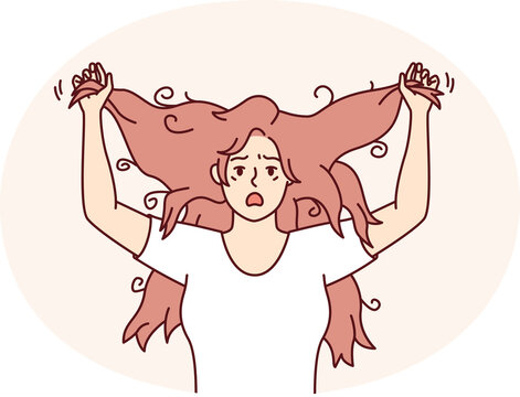 Shocked woman tearing hair on head due to depression or stress suffering. Vector image
