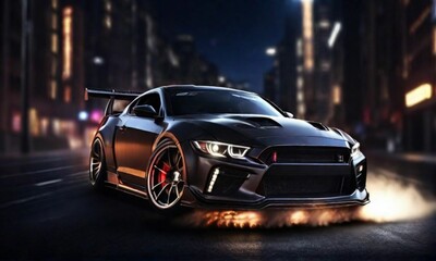 thrill of speed, a sports car wheel drifts against the backdrop of city lights at night. This...
