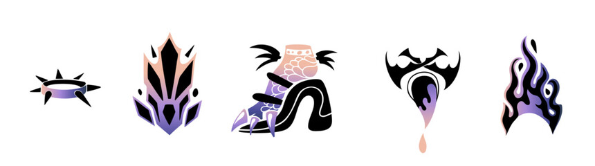 Dragon element black isolated on white. Claw, foot and heels. Funny sticker gradient. Hand drawn mythology fantasy. New year web icon. Decoration fire and collar. Precious stones