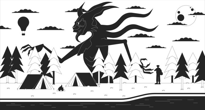 Creepy woods camping site black and white lofi wallpaper. Walking forest monster at campfire 2D outline scene cartoon flat illustration. River campsite nightmare vector line lo fi aesthetic background