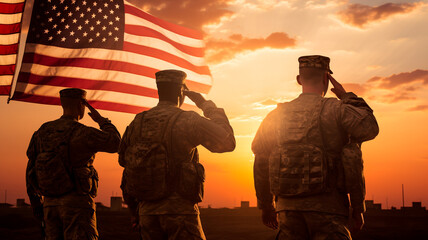 military soldiers in front of american flag background.