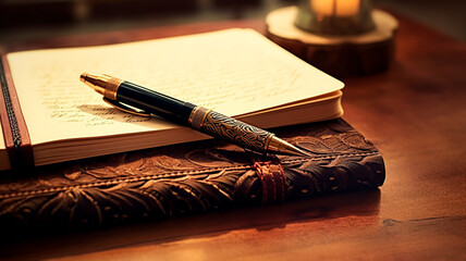 vintage pen, notebook, glasses and pen on wooden table
