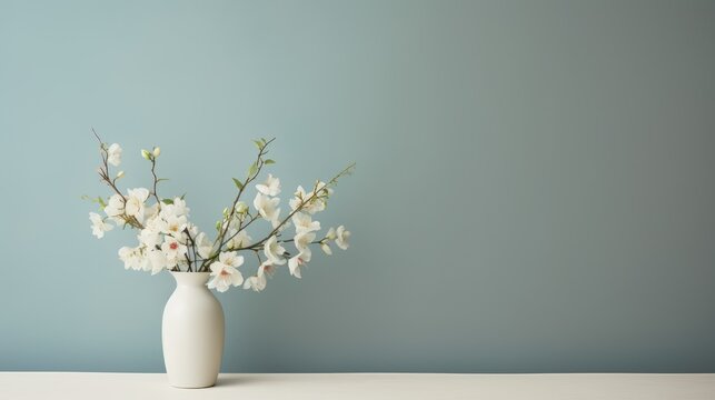  a white vase filled with white flowers on top of a white table with a light blue wall in the background.  generative ai