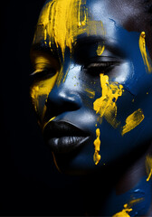 young south sudan female, dark skin and 70s afro hair, universally pleasing aesthetics, exceptional craftsmanship, Intense interplay of light and shadow, dark inky tattoo colours with gold accents
