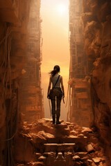 Fototapeta premium A lone person stands contemplating the vastness between dilapidated buildings under a dusk sky