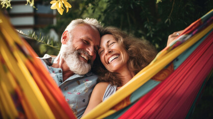  Happy retired traveling couple resting together on a hammock during camping in nature