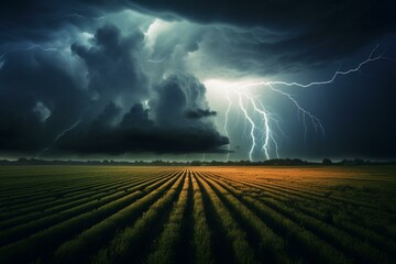 Destructive storm featuring tornado and lightning striking a crop field. Generative AI