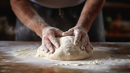 Fototapeta premium Unrecognizable young man kneading dough on wooden table. Males hands making bread on dark background. Selective focus.