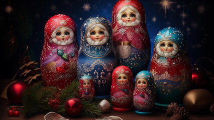 Several cute matryoshkas in front of the Christmas tree