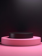 Pink Minimalistic Product Podium. The Stage for Product Presentation on Black Background. Geometric Platform Pedestal. Ai Generated Vertical Podium Mockup for a Product advertisement.