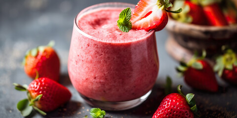 Strawberry smoothie on table, nutritious breakfast - obrazy, fototapety, plakaty