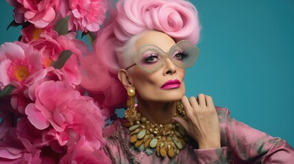 Queer, Transgender, Trans Woman Portrait wearing Silk Floral Blouse Jewellery with Pink Wig Gray Hair in front of Blue Studio Background Flowers for Fashion Glamour Style