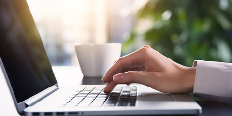 Person working at computer on desktop, with blurred window background