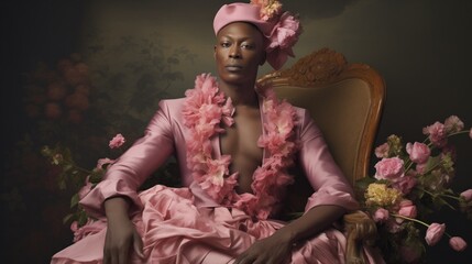 Queer, Transgender, Black, Nonbinary, Trans Woman Portrait wearing Pink Silk Shirt Dress Hat Flowers Lei Boa in front of Dark Studio Background for Fashion Glamour - obrazy, fototapety, plakaty