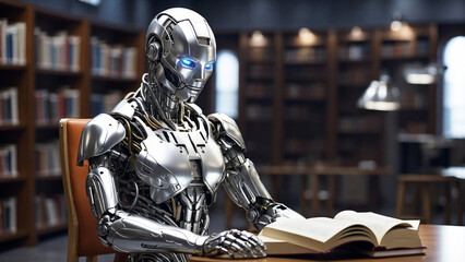 A humanoid robot sits in a library and reads books. - obrazy, fototapety, plakaty
