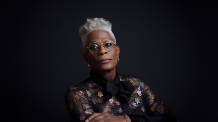 Queer, Black, Transgender, Trans Woman Portrait Middle Aged, with Gray Hair and Glasses wearing Sheer Floral Blouse and Black Bowtie in front of Dark Studio Background with Room for Text Copy - Powered by Adobe