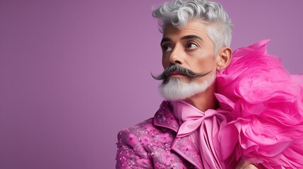 Portrait of Queer, Nonbinary, Gay Middle Aged Man with Gray Hair and Moustache wearing Pink Fuchsia Embroidered Suit Tie with Feather Boa in Studio for Fashion - obrazy, fototapety, plakaty