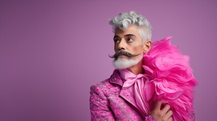 Portrait of Queer, Nonbinary, Gay Middle Aged Man with Gray Hair and Moustache wearing Pink Fuchsia Embroidered Suit Tie with Feather Boa in Studio for Fashion with Room for Text Copy