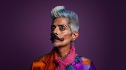 Portrait of Queer, Transgender, Trans Man with Colored Dyed Hair and Moustache wearing Multicolor, Silk Blouse and Pink Scarf in Studio with Dark Purple Background