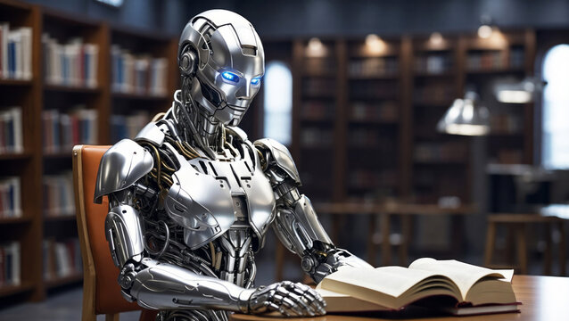 A humanoid robot sits in a library and reads books.