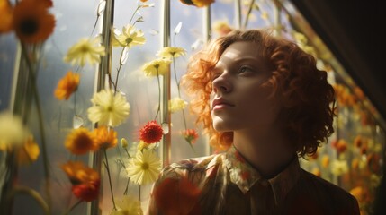 Queer, Nonbinary, Gender Fluid Young Man Woman Girl Boy with Red Orange Hair Indoors with Flowers Plants with Room for Text Copy