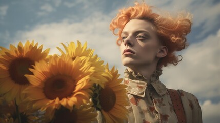 Queer, Nonbinary, Gender Fluid Young Man Woman in Field of Sunflowers Flowers with Orange Red Hair, Room for Copy Text - obrazy, fototapety, plakaty