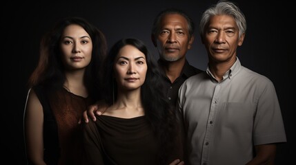 Polyamorous Quad Foursome with Multiracial Latina Asian Indian Ethical Non-Monogamy ENM Non-Traditional Relationship Alternative Lifestyle Sexuality, Aged 30s, 40s, 50s Studio Portrait