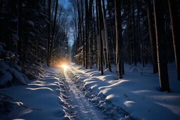Skis in snowy trail at night, sunlit trees & tracks. Generative AI