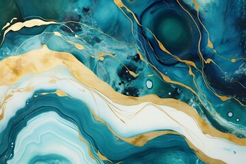 Abstract art with teal and navy colors, marble swirls, agate ripples, organic texture, and gold glitter. Generative AI - obrazy, fototapety, plakaty