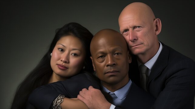 Polyamorous Throuple Threesome with Multiracial Asian Black White Man Woman in Ethical Non-Monogamy ENM Non-Traditional Relationship Alternative Lifestyle Sexuality, Middle Aged Studio Portrait