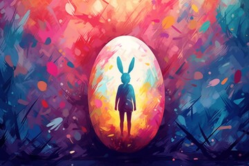 Colorful Easter egg with faceless bunny illustration. Generative AI